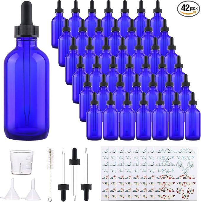 42 Pack 4oz Cobalt Blue Glass Bottles with Glass Eye Droppers for Essential Oils, Perfumes & Lab Chemicals (Brush, Funnels, 3 Extra Droppers, 48 Pieces Labels & 30ml Measuring Cup Included)