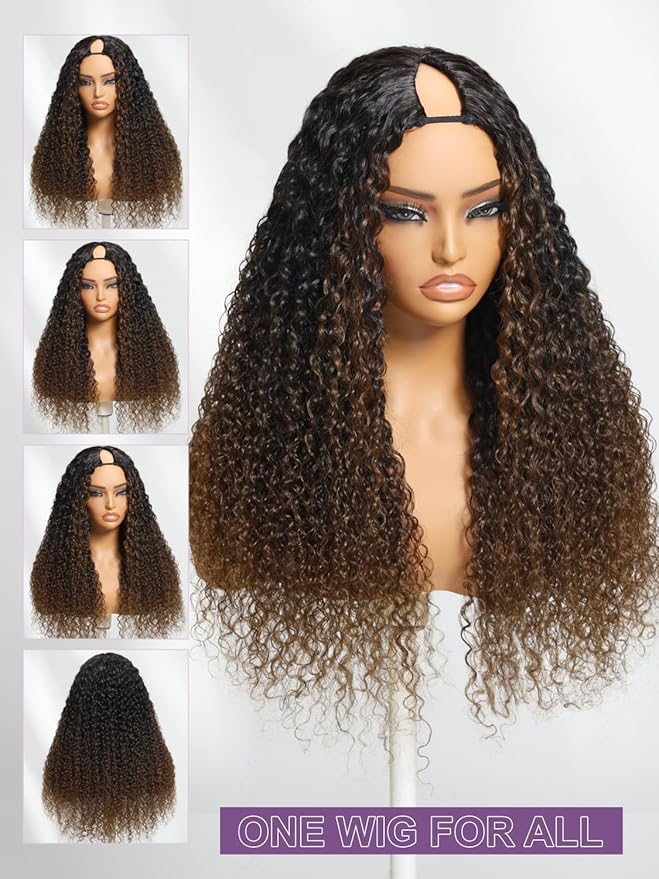 YIROO EasiContour V Part Ombre Brown Human Hair Wig Curly 12A Glueless Upgrade U Part Wig Ombre Black to Chestnut Brown No Leave Out V Shape Clip Wigs Ready to Go 150% Density Beginner Friendly 16Inch