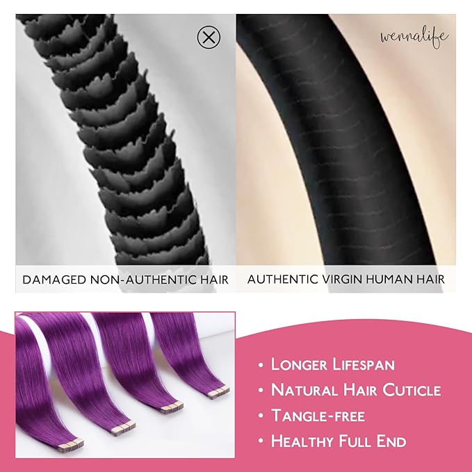 WENNALIFE Tape in Hair Extensions Human Hair Purple Tape in Extensions, 10pcs 30g 20 inch Remy Invisible Tape Ins Straight Colored Soft Real Human Hair Tape in Extensions Refill Set Extensions