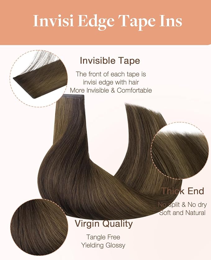 GOO GOO Invisi Edge Tape in Hair Extensions Human Hair, 2C/4E/6C Brown Sugar Swirl Highlights 10pcs injected with 10pcs classical tape ins, 18inch 50g, Virgin Remy Hair, Natural Look