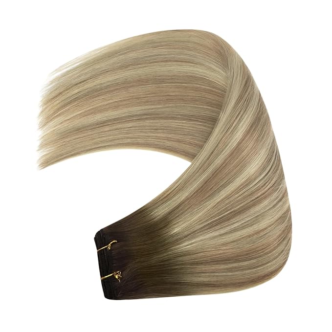 YoungSee Human Hair Weft Extensions Walnut Brown Ombre Light Brown with Blonde Sew in Hair Extensions Balayage Hair Extensions Weft for Natural Look 18Inch 100G