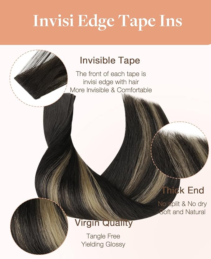 GOO GOO Invisi Edge Tape in Hair Extensions Human Hair, 1B/19/1B Natural Black to Light Blonde, 20pcs 16inch 50g, Virgin Remy Hair, Seamless Injected Tape, Natural Look