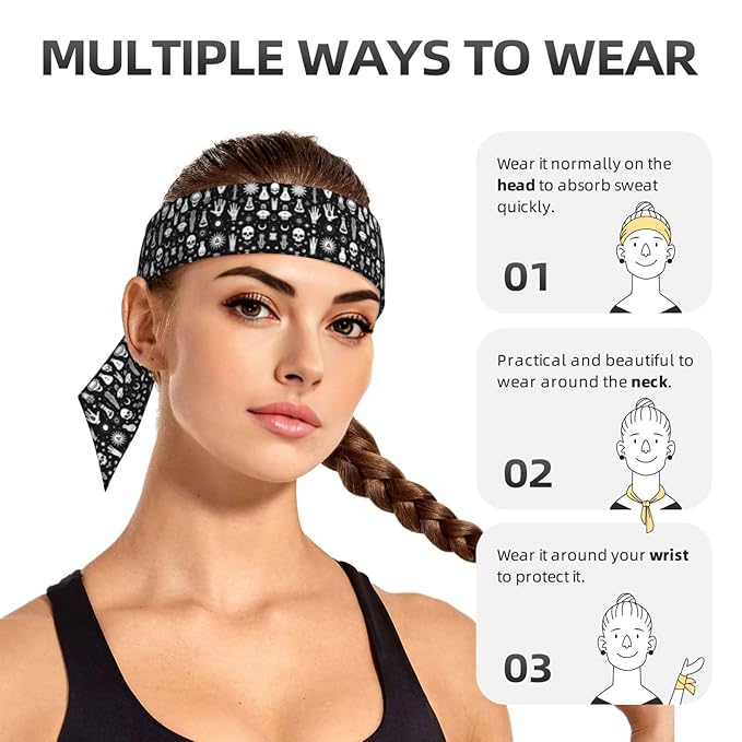 Men's Women Halloween Goth Gothic Raven Crow Skull Sun Moon Tattoos Sports Sweatband Boho Style Lovely Head Ribbon Headdress for Yoga Athletic Spa