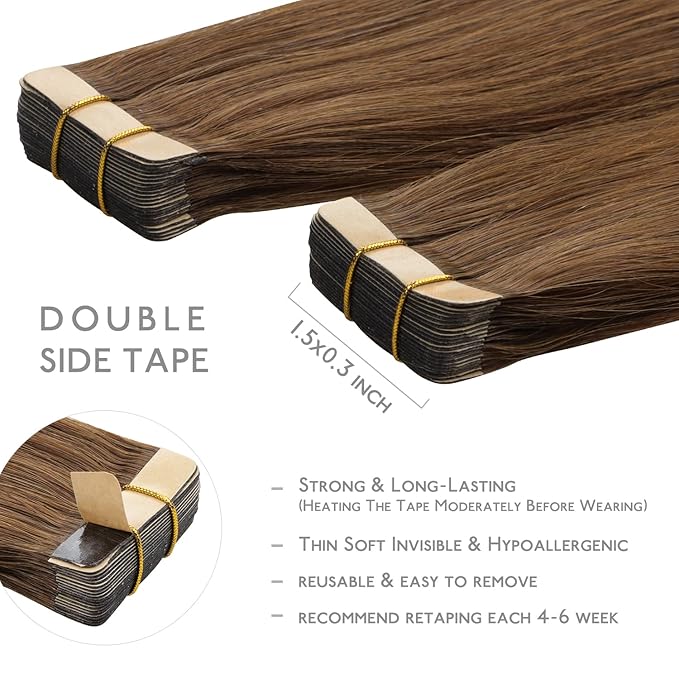 WENNALIFE Tape in Hair Extensions Human Hair, 20pcs 50g 16 inch Light Auburn Brown Remy Hair Extensions Straight Human Hair Tape in Extensions Skin Weft Tape Extensions Human Hair