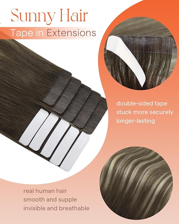 Sunny Hair Tape in Hair Extensions Real Human Hair Invisible Remy Hair Extensions Tape ins for Women Cool Brown Ombre Light Brown Balayage Medium Blonde 18 inch 25G