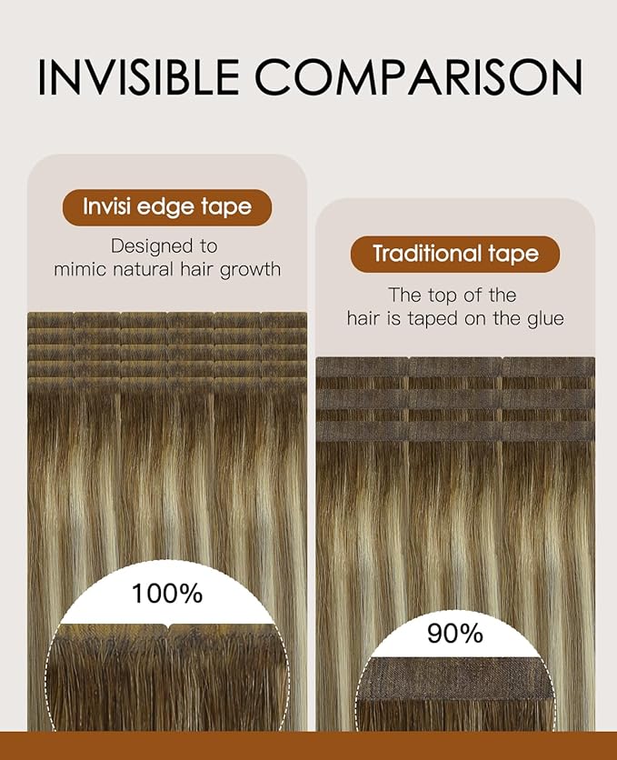 VINBAO Invisi Edge Tape in Hair Extensions Balayage Ombre Walnut Brown to Ash Brown and Blonde 45g 20pcs Injection Tape in Human Hair Extensions Invisible 16inch #3/8/22