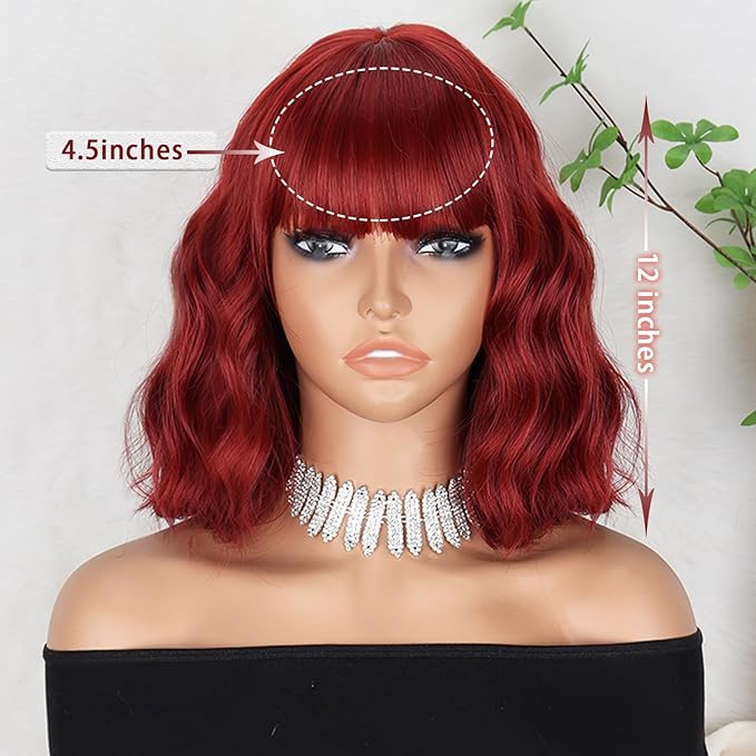 MISSQUEEN Short Red Wigs for Women with Bangs Wine Red Wavy Curly Bob Wig