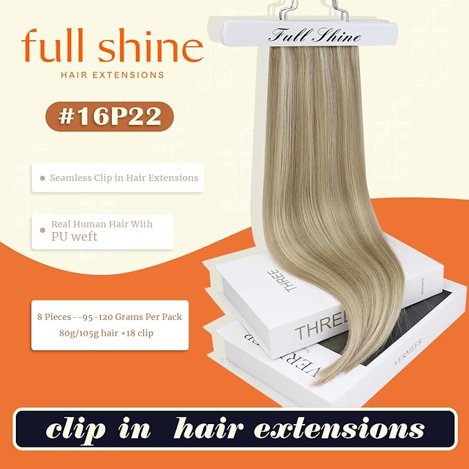 Full Shine Blonde Clip in Hair Extensions Dirty Blonde with Highlights Hair Extensions 16 Inch Real Hair Extensions Clip in Golden Blonde Ease of Use 8 PCS 120 G