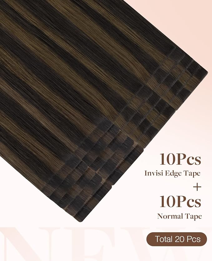 GOO GOO Invisi Edge Tape in Hair Extensions Human Hair, 2/6 Dark Brown Highlighted Chestnut Brown 10pcs injected with 10pcs classical tape ins, 14inch 50g, Virgin Remy Hair, Natural Look