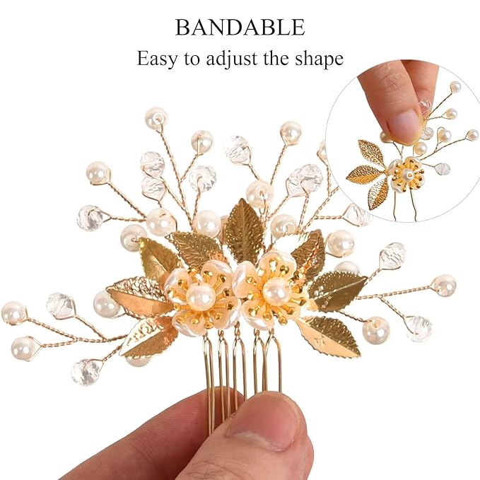 Wedding Hair Pins - Elegant Pearl Leaf Crystal Hair Accessories for Bridal Women (Gold)