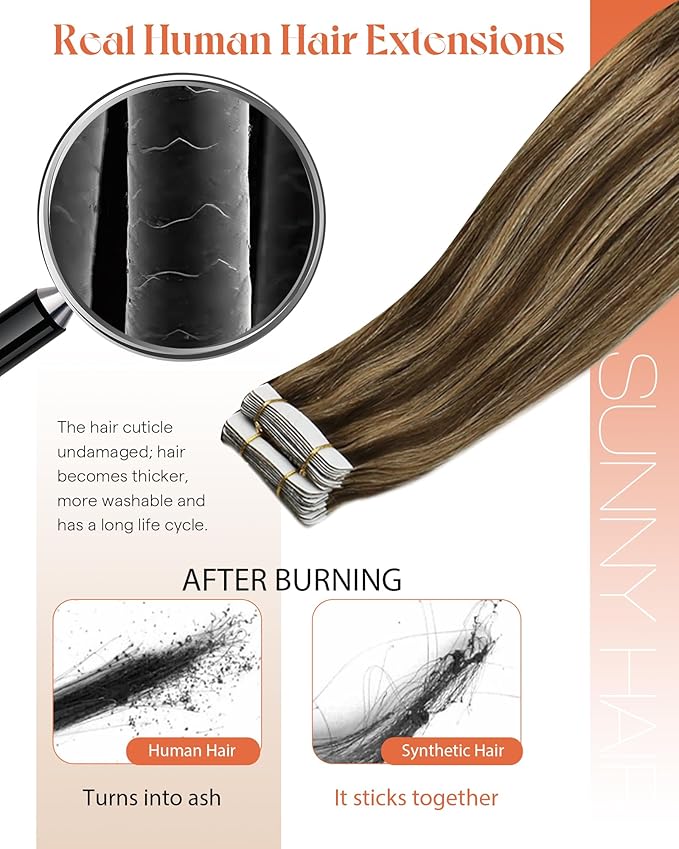 Sunny Hair Tape in Hair Extensions Human Hair 12 Inch Hair Extensions Real Human Hair Tape in Extensions for Women Medium Brown Highlights Caramel Blonde Remy Hair Straight Skin Weft 40pcs 60g