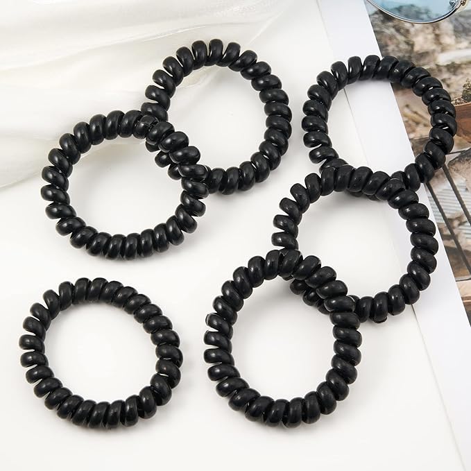 Spiral Plastic Hair Ties (Black, 12 Pcs) - Coil Ponytail Holders for Thick Hair, No Crease Phone Cord Ties for All Hair Types