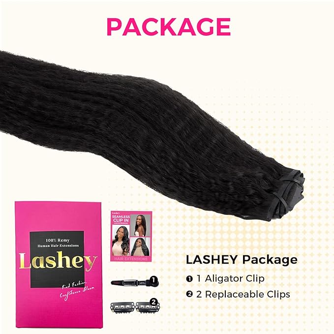 Lashey Seamless Clip in Hair Extensions Human Hair #1 Jet Black Kinky Straight 7pcs 110g 14 Inch PU Weft Hair Extensions Clip ins for Women