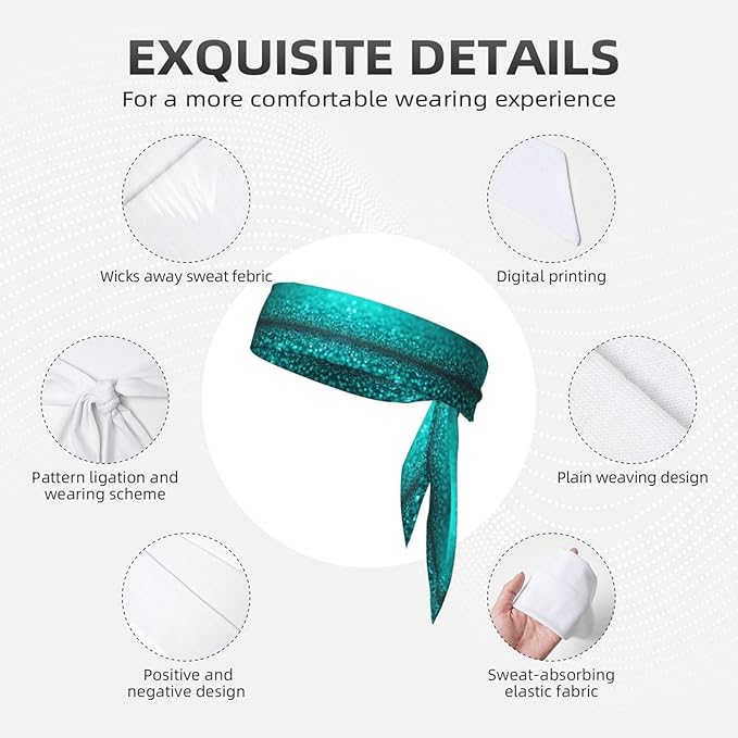 Men Women Cool Sports Sweatband Head Accessories for Yoga Fitness Spa, Elastic Multifunction Teal Turquoise Green Glitter Sparkle Texture Hair Band Headdress