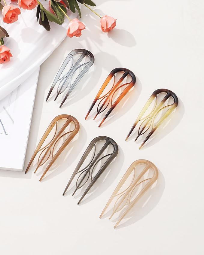 French Hair Pin for Women - U-Shaped Hair Fork for Updos, Chignons & French Twists, Durable Acrylic, Secure & Elegant Styling for All Hair Types (Amber)