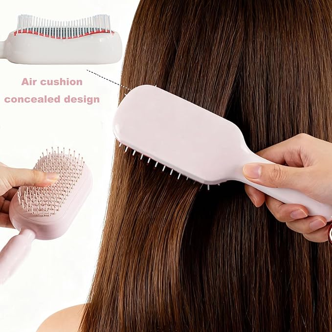 Retractable Cushion Massage Comb for Wet & Dry Hair, Anti-Static Self Cleaning Hair Brush for All Hair Types, Soft Bristles, Easy Eliminates Knots, Detangling Hairbrush for Women Men (Pink)