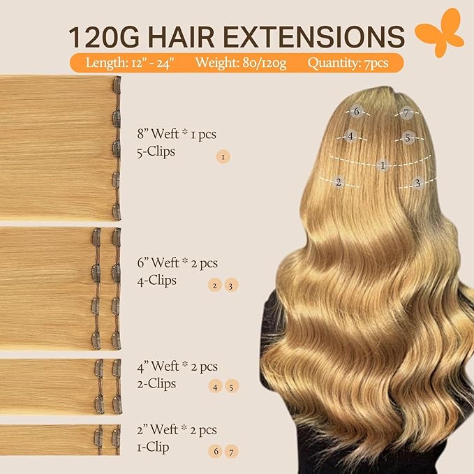 DOORES Real Human Hair Extensions, Honey Blonde 24 Inch 7pcs 120g, Clip in Remy Hair Extensions - Thick, Silky, Straight