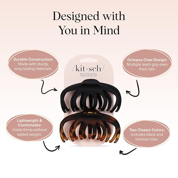 Kitsch Octopus Claw Clips for Women - Cute & Stylish Hair Clips for Everyday Use, Octopus Claw Clip for Thick Hair | Ideal Gifts for Women - Black & Tortoise, 2pcs