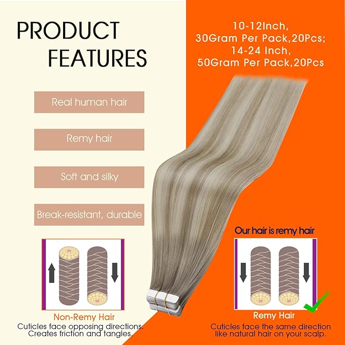 Full Shine Tape in Hair Extensions 20Inch Tape in Extensions Color 19/8/60 Grey Fading to Ash Brown And Blonde Remy Tape ins Human Hair Seamless Skin Weft for Women 50G Straight Hair Extensions 20Pcs