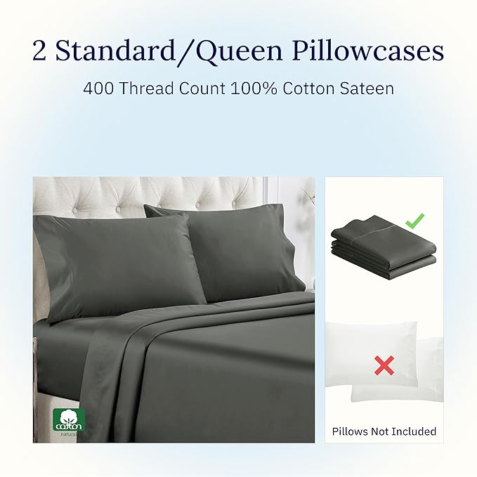 California Design Den Standard Queen Size Pillowcase Set - 400 Thread Count, 100% Cotton Sateen, Set of 2 Pillow Covers, Soft and Breathable - Grey Size