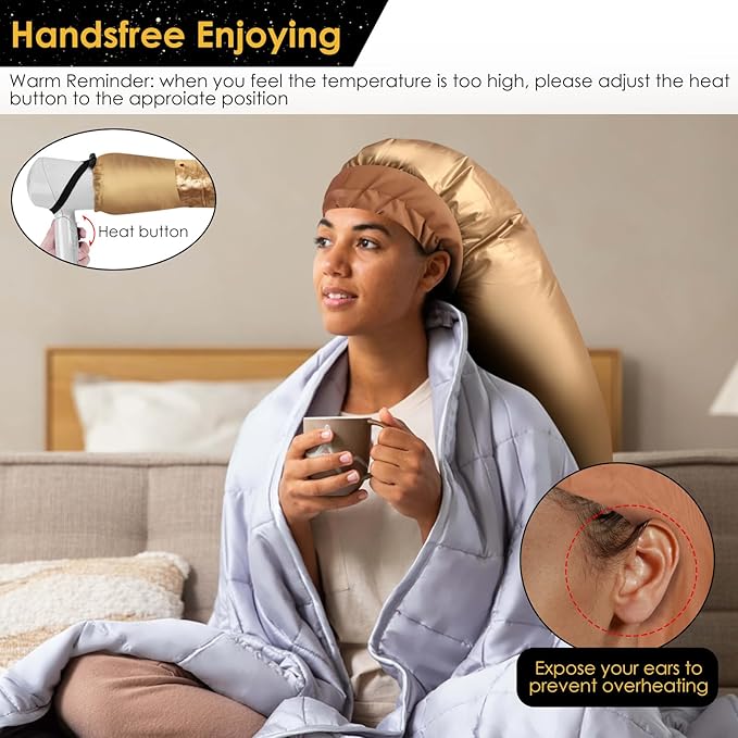 Hair Dryer Bonnet Attachment: Upgraded Extra Large Hooded Dryer Adjustable Hair Dryer Caps - Easy to Use for Natural Curly Textured Hair Care Styling Fast Drying - Gold