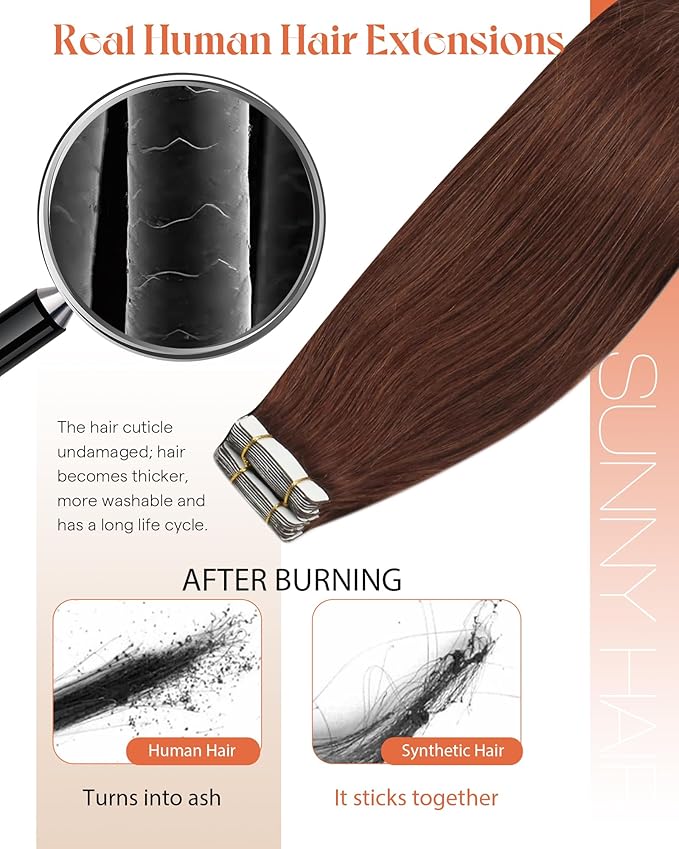 Sunny Hair Tape in Hair Extensions Real Human Hair Invisible Remy Hair Extensions Tape ins for Women Auburn Brown 18 inch 20Pcs 50G