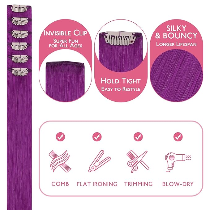 WENNALIFE Purple Clip in Hair Extensions Real Human Hair 35g 6pcs 18 Inch Colored Hair Extensions for Kids Women Colorful Hair Pieces Pop-up Style Straight Extensiones De Cabello Humano Con Clip