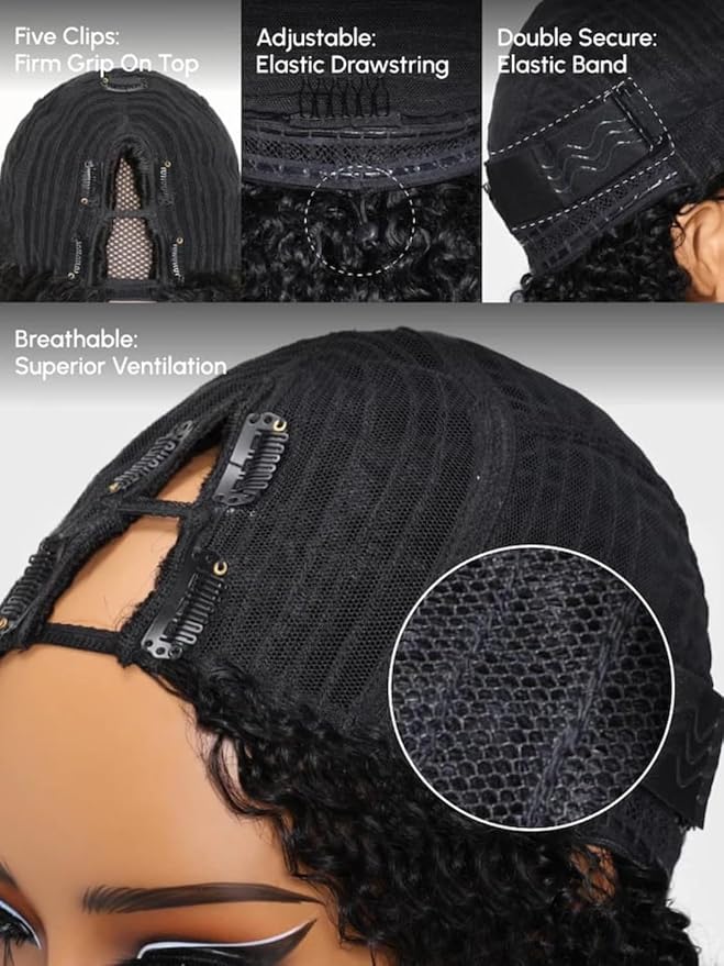 YIROO EasiContour V Part Wigs Human Hair Jerry Curly Glueless Human Hair Wigs Upgraded U Part Curly Wigs No Leave Out No Gel V Shape Clip in Half Wig Beginner Friendly Ready to Go Wig 18 inch