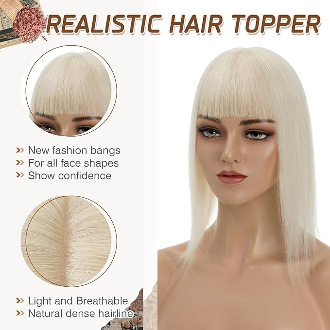 Rich Choices Real Human Hair Toppers for Women With Bang 100% Remy Human Hair Topper for Thinning Hair Clip in Silk Base Hair Topper 14 Inch #60 Platinum Blonde