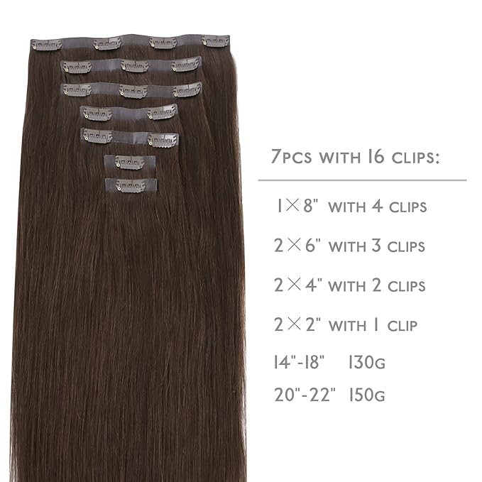 WENNALIFE Seamless Clip In Hair Extensions, 18 Inch 130g 7pcs Light Dark Brown Hair Extensions Clip in Human Hair Invisible PU Skin Weft Natural Remy Human Hair Extensions
