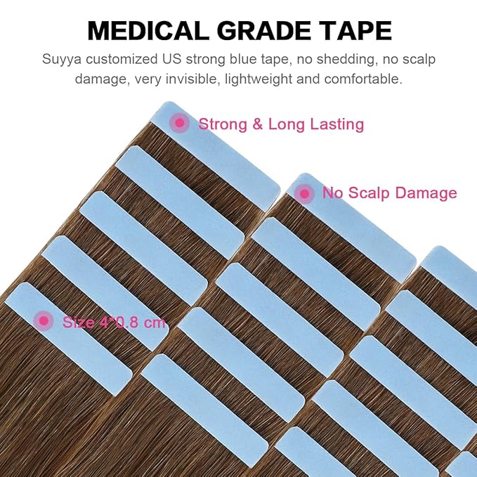 SUYYA Tape in Hair Extensions Chestnut Brown 100% Real Human Hair 12inches 20pcs 40g/pack Straight Seamless Skin Weft Tape Hair Extensions(12 inches #6 Medium Brown)