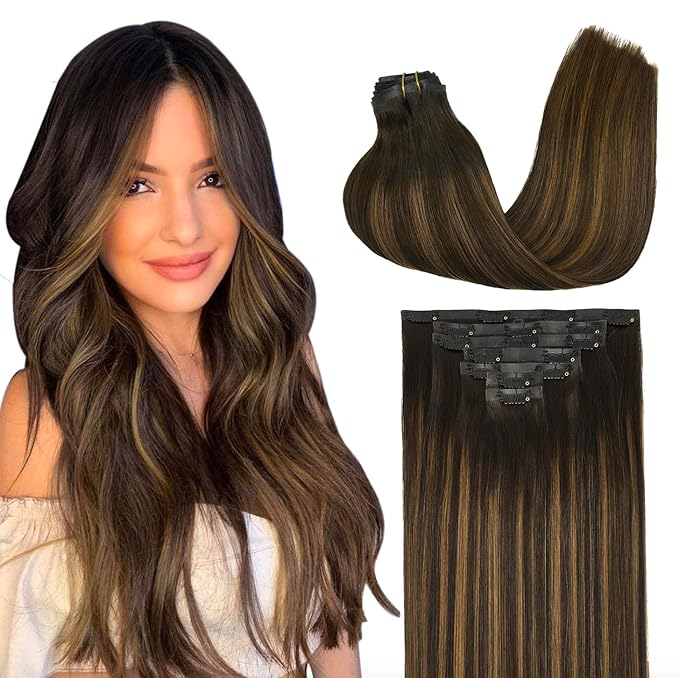GOO GOO Clip in Hair Extensions Real Human Hair, Remy Human Hair Extensions Clip ins for Women, Natural Human Hair, 20inch 130g 7Pcs, #2/6/2 Balayage Dark Brown to Chestnut Brown