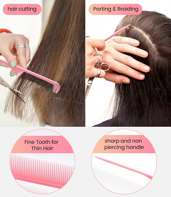 6PCS Professional Hair Comb Set for Women & Men Rat Tail, Wide & Fine Tooth Combs for Curly Hair, Braiding, Barber Styling, Cutting & Parting (Pink)