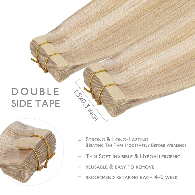 WENNALIFE Tape in Hair Extensions Human Hair, 20pcs 60g 26 inch Dirty Blonde Highlighted Bleach Blonde Remy Hair Extensions Straight Human Hair Tape in Extensions Skin Weft Extensions Hair