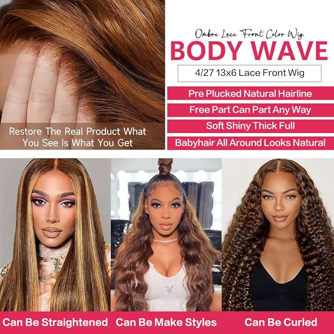 34 Inch Ombre Lace Front Wig Human Hair 180 Density 13x6 Highlight Wig Human Hair 4/27 Body Wave Lace Front Wigs Pre Plucked Glueless HD Lace Frontal Wig