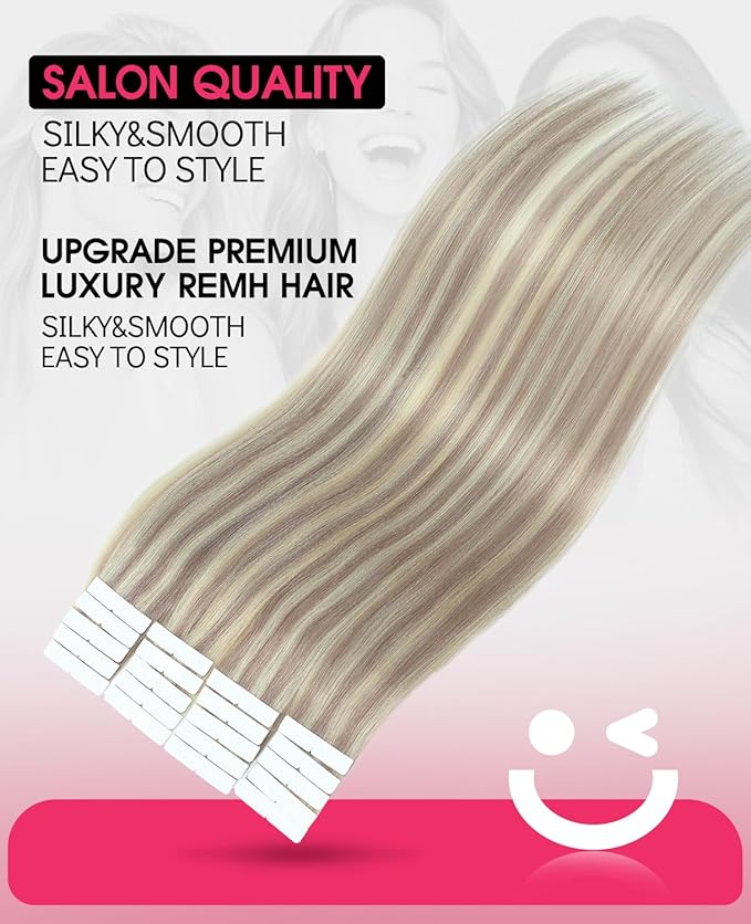 Youngsmile Injection Tape in Hair Extensions Human Hair #18P613 Ash Blonde with Bleach Blonde Real Human Hair 20pcs 35g 16 Inch Injected Tape in Hair Extensions Seamless Tape ins (#18P613,16'')
