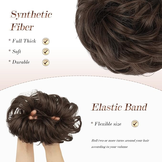 FESHFEN Messy Bun Hair Piece - Elastic Wavy Curly Hair Bun Scrunchies Extensions Synthetic Chignon Hairpieces for Women Girls, Medium Chestnut Brown 1.5 oz