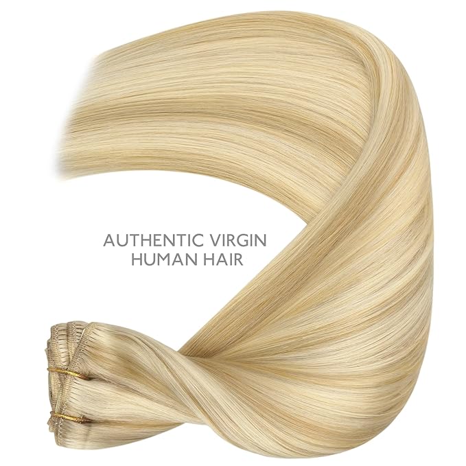 WENNALIFE Clip in Hair Extensions Real Human Hair, 14 Inch 110g 7pcs Remy Hair, Light Blonde Highlighted Golden Blonde Straight Natural Extensiones De Cabello Humano Con Clip Ins