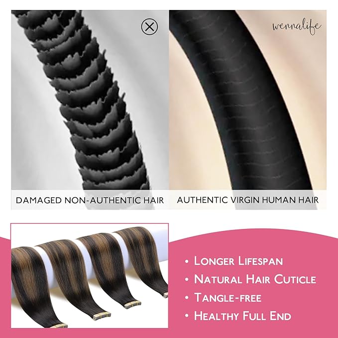 WENNALIFE Tape in Hair Extensions Human Hair Balayage Dark Brown Mixed Chestnut Brown Tape in Extensions, 10pcs 25g 14 inch Remy Invisible Tape Ins Straight Soft Real Human Hair Tape in Extensions