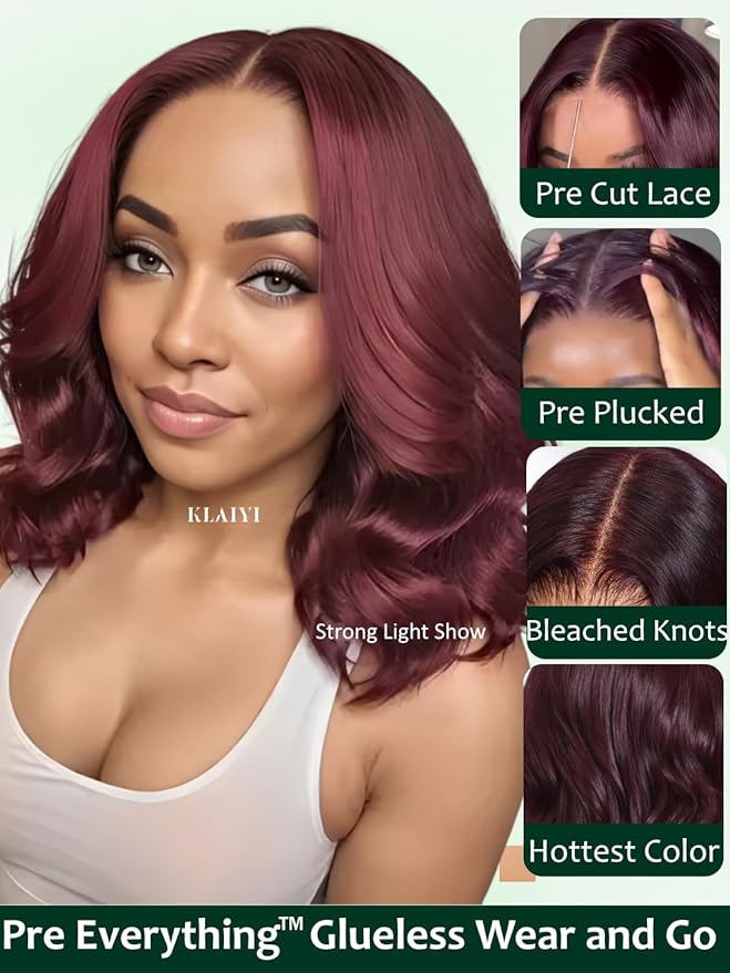 KLAIYI Black Cherry Bob Loose Body Wave Precut 7x5 HD Lace Front Wigs Human Hair Glueless Bye Bye Knots Drawstring Red Burgundy Wig with Curtian Bang Pre Plucked Bleached Ready to Put On And Go 10Inch