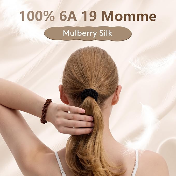 4 Pcs Silk Hair Ties, 22 Momme 100% Mulberry Hair Band, Silk Scrunchies for Women and Girls, 6A Grade No Damage Ponytail Holders (0.4in Width, Black)