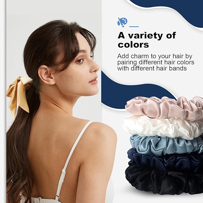 1 Piece Silk Bow Scrunchies for Hair-100% Pure Mulberry 22 Momme Silk Hair Tie, Elastic Ponytail Holder, Elegant Soft Bow Hair Ties Band for Women Hair Care, Multiple Colours (Gold)