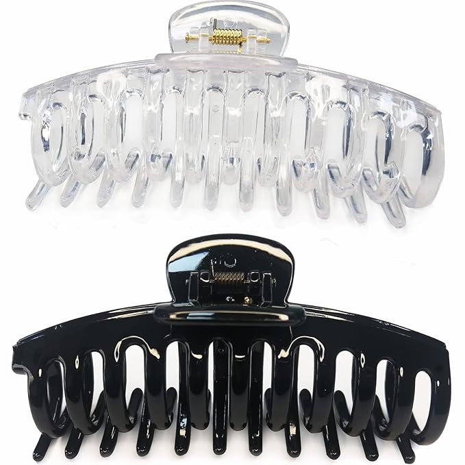 Jumbo 5.5 Inches Hair Clips for Extra Thick Hair - Long Butterfly Hair Accessories for Women, 2 Counts (Black and Clear)