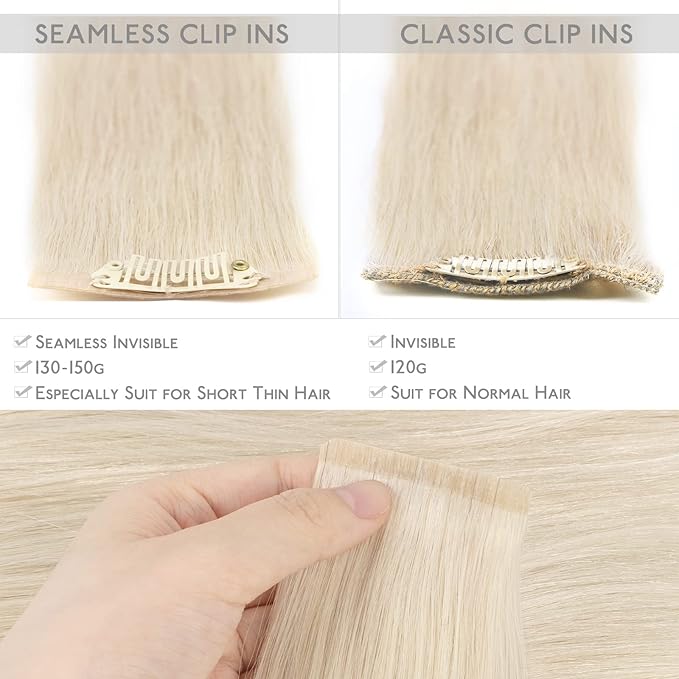 WENNALIFE Seamless Clip In Hair Extensions Human Hair, 12 Inch 80g 7pcs Platinum Blonde Real Hair Extensions Clip in Human Hair Invisible PU Skin Weft Natural Remy Hair