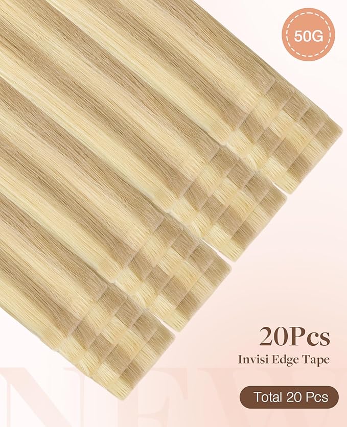 GOO GOO Invisi Edge Tape in Hair Extensions Human Hair, 18D/22F Dirty Blonde Highlights 20pcs 24inch 50g, Virgin Remy Hair, Seamless Injected Tape, Natural Look