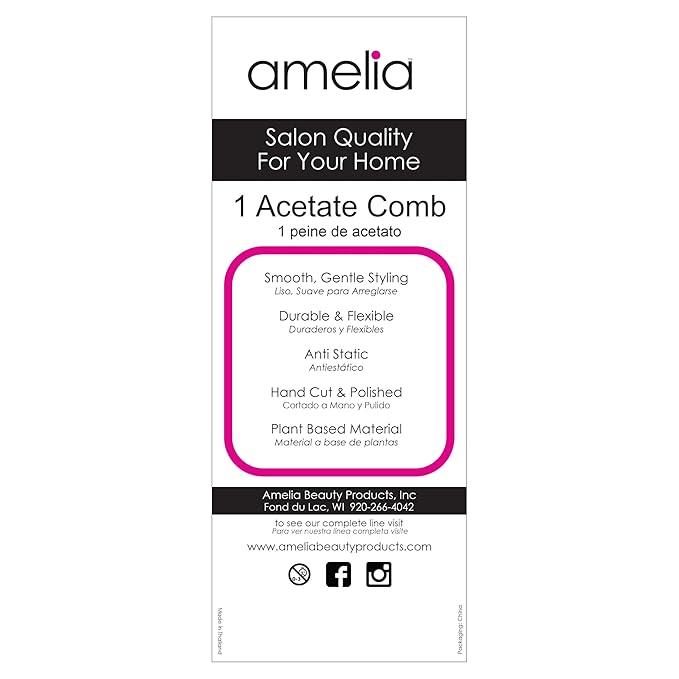 Amelia Beauty Cellulose Acetate 8in Rat Tail Comb, Handmade, Smooth Edges, Eco-Friendly Plant Based Material, Log Tail Sectioning, Course Teeth - Tortoise Shell Color