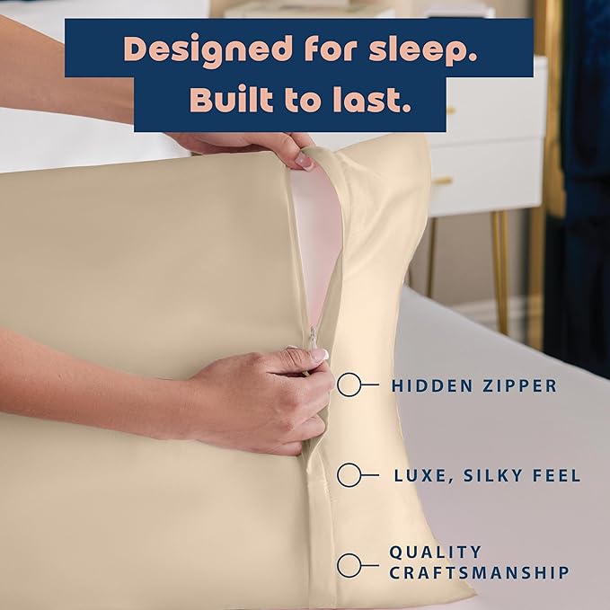 BLISSFORD Satin Pillowcase with Zipper, for Hair and Skin Care, Feels Soft and Cool Like a Silk Pillowcase, Satin Pillow Cases 2 Pack, Slik Pillow Cover, Light Beige - King Size, Set of 2