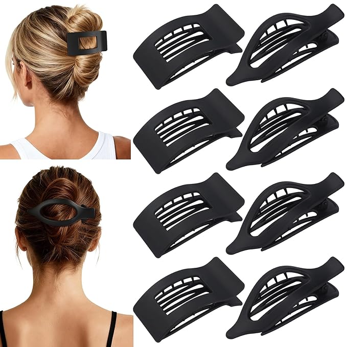 8Pcs French Flat Hair Clips for Women 2 Styles Claw Clips for Girls Matte Flat Hair Claw Clips for Thin and Thick Hair Large Non-slip Strong Hold Hair Accessories for Women (Black)