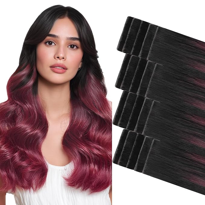GOO GOO Invisi Edge Tape in Hair Extensions Human Hair, 1/99 Balayage Jet Black to Red, 20pcs 18inch 50g, Virgin Remy Hair, Seamless Injected Tape, Natural Look