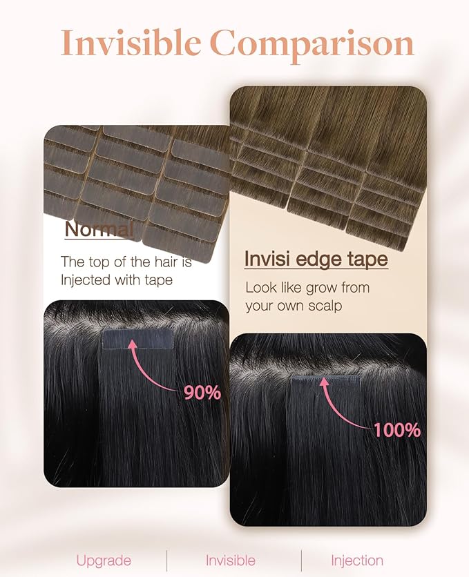 GOO GOO Invisi Edge Tape in Hair Extensions Human Hair, 3/8/613 Walnut Brown to Ash Brown and Bleach Blonde 20pcs injected with 20pcs classical tape ins, 14inch 100g, Virgin Remy Hair, Natural Look